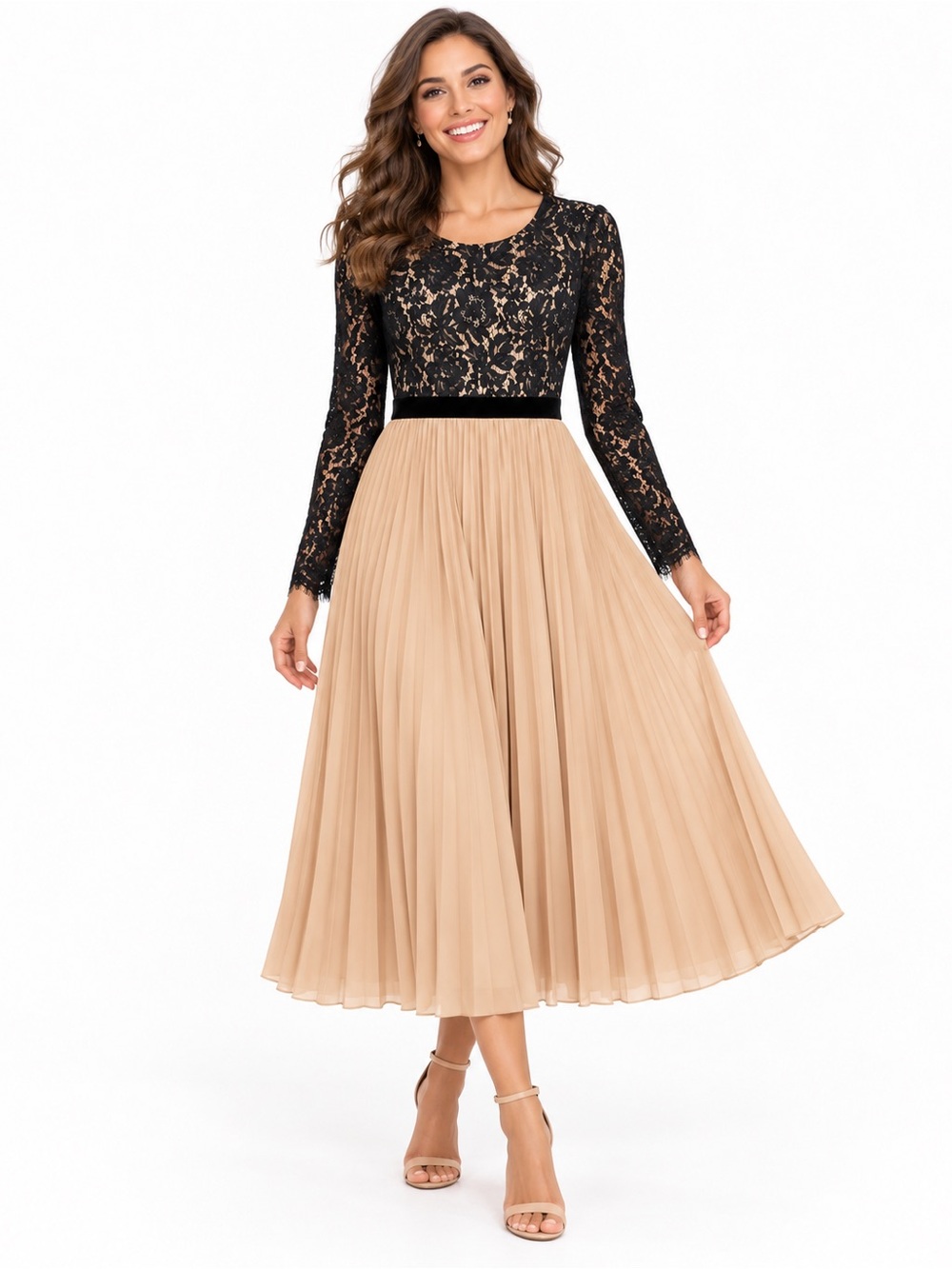 Rachel Parcell Black Lace & Beige Pleated Midi Dress (Size S)